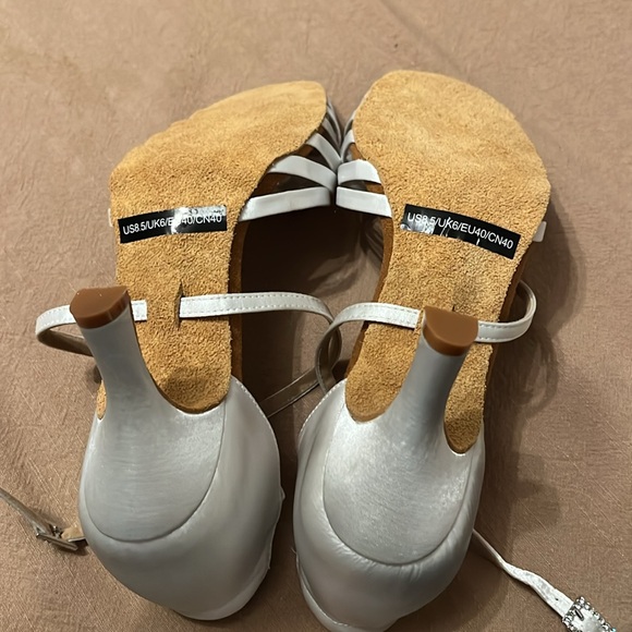White Satin Ballroom Dance Shoes - Picture 2 of 8